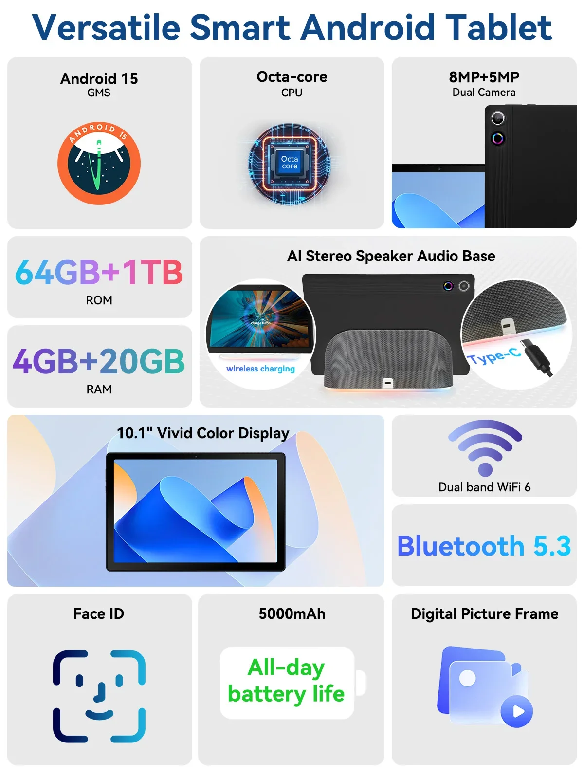 Tablet Android 15 con altoparlante di ricarica Tablet dock CPU Otca-Core 24 GB RAM 64 GB ROM Espansione 1 TB WiFi 6 BT5.3 Google PC PAD