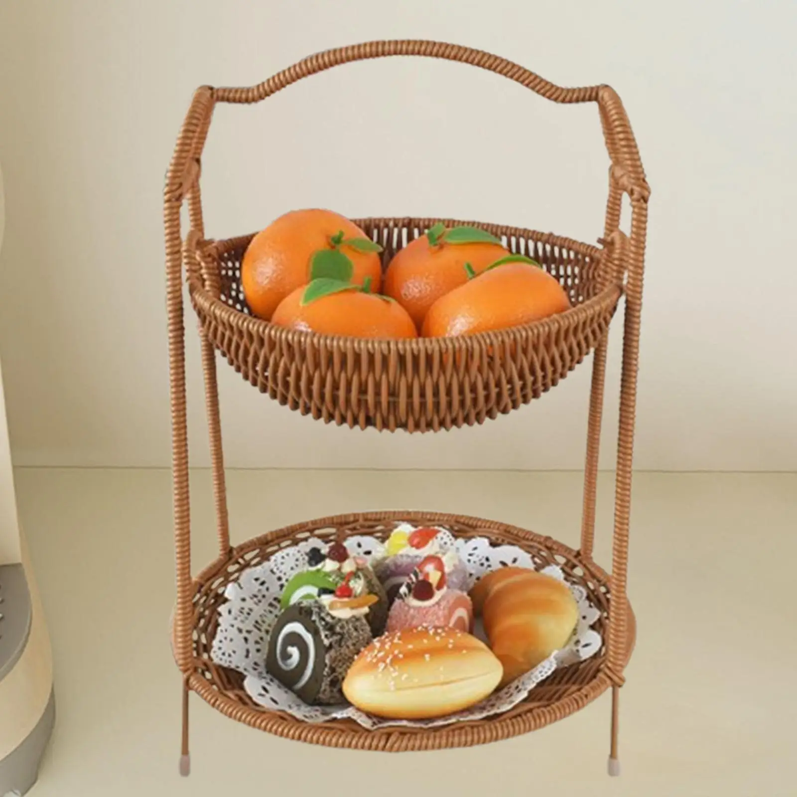 Fruit Basket Serving Stand Storage Basket Two Tiered Imitation Rattan Snacks Tray for Fruits Indoor Household Family Reunions