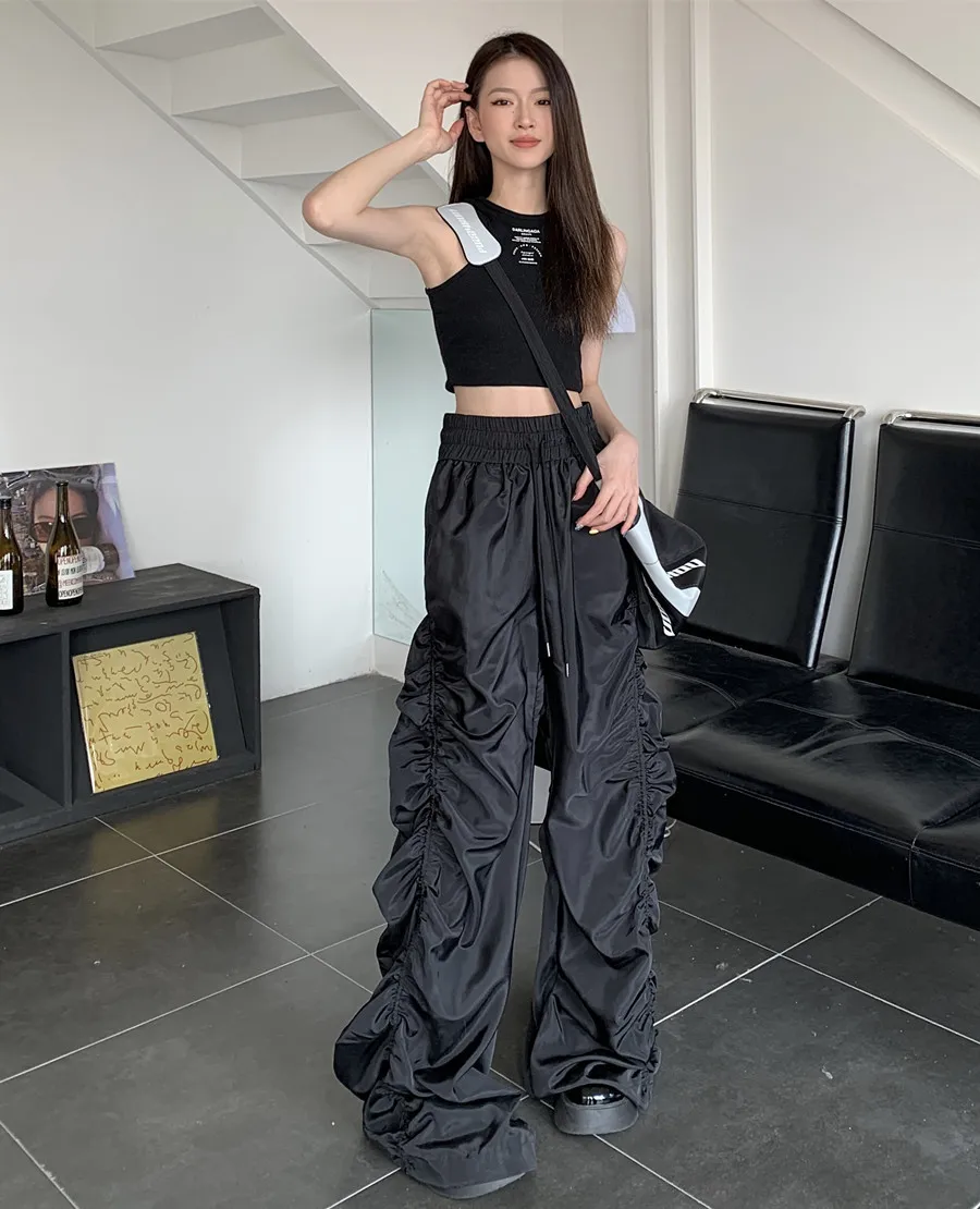 Calças femininas confortáveis cordão sólido shirring retro ins 2025 cintura alta novas senhoras pretas diariamente hip-hop dancewear