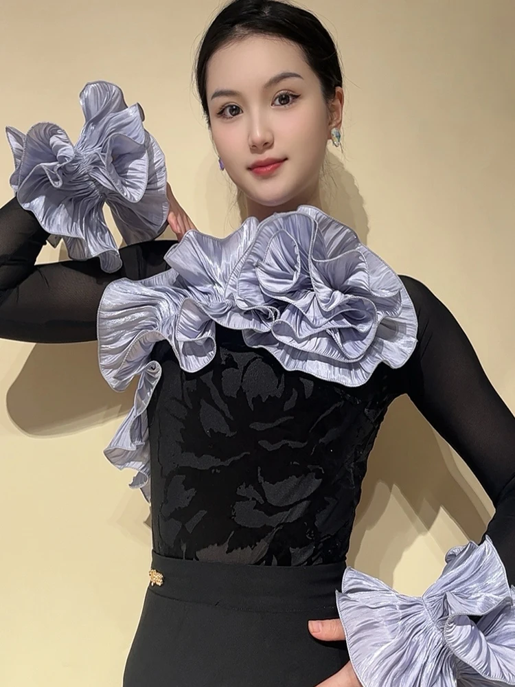 2025 New Modern Dance Tops For Women Long Sleeved Practice Clothes Samba Chacha Tango Adult Female Ballroom Dance Wear XH3297