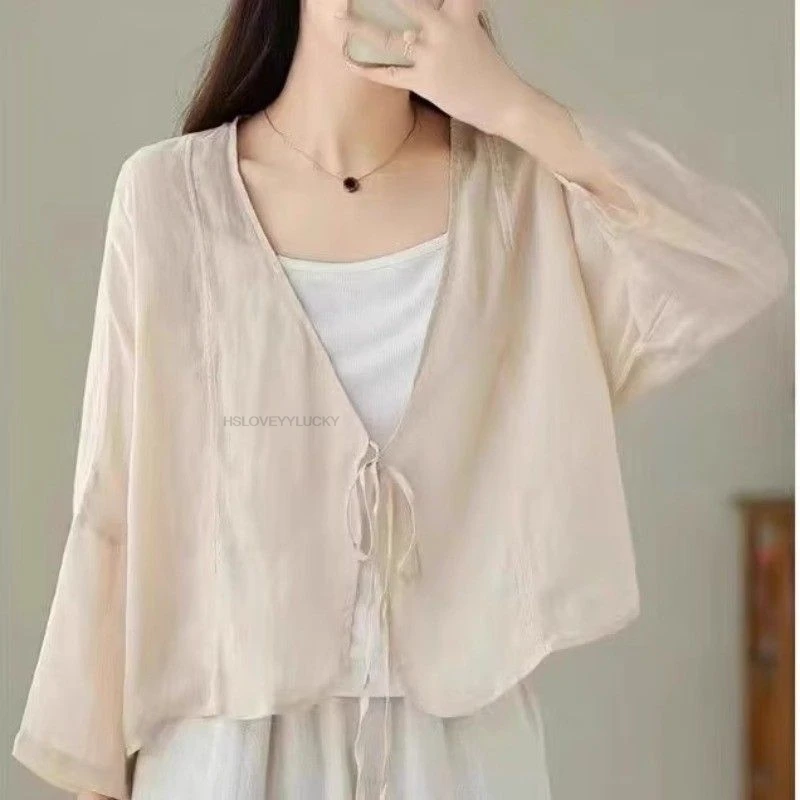 

Summer high-end Advanced Sense Thin Cotton Linen Cardigan Pure Color Lacing Sunscreen Cardigan Vintage Chinese Style Shawl