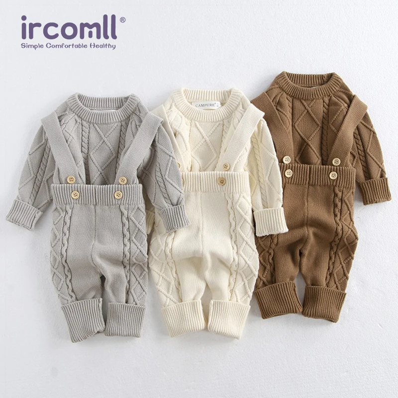 Ircomll 0-3Y Newborn Girls Boys Clothes Set Toddler Outfit Sets 2pcs Sweater Top + Knitted Overalls Newborn Clothes Babies Items