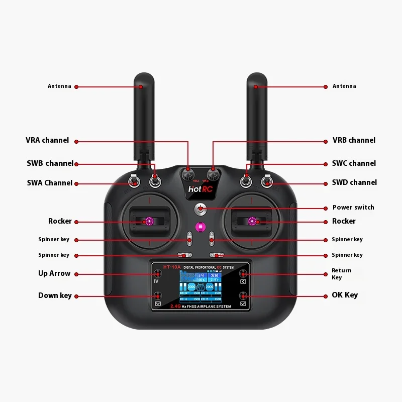 HOTRC HT-10A Ten Channel Color Screen Remote Control Suitable For Remote Control Of Model Aircraft And Car Models Drone  FPV