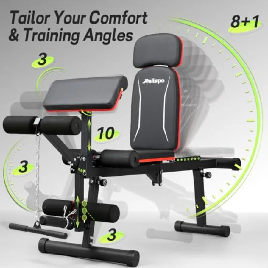 Home gym adjustable weight bench with leg extension and curl steel black 9 back positions foldable 1200LB ccity flat/decline/in