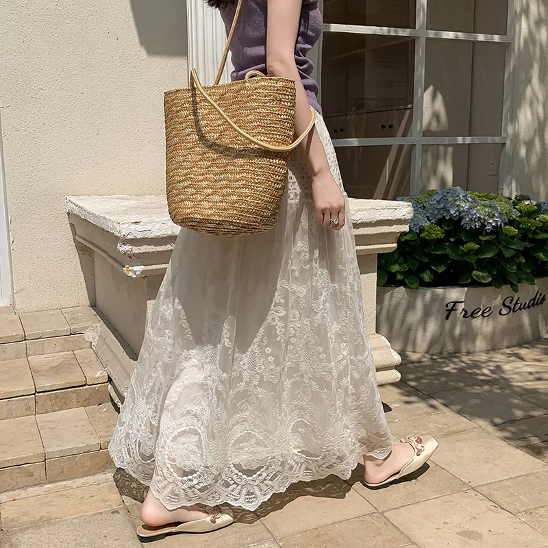 

Women Summer Lace Spliced Mesh Solid A-line Skirt Flared Long Skirt 2026 Spring Fashion Ladies High Waist Skirt Elegant
