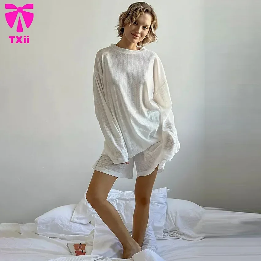 Autumn 2024 White Loose Breathable Elastic Knitted Pajamas suit Jacquard Long Sleeve Shorts Women's Home Wear