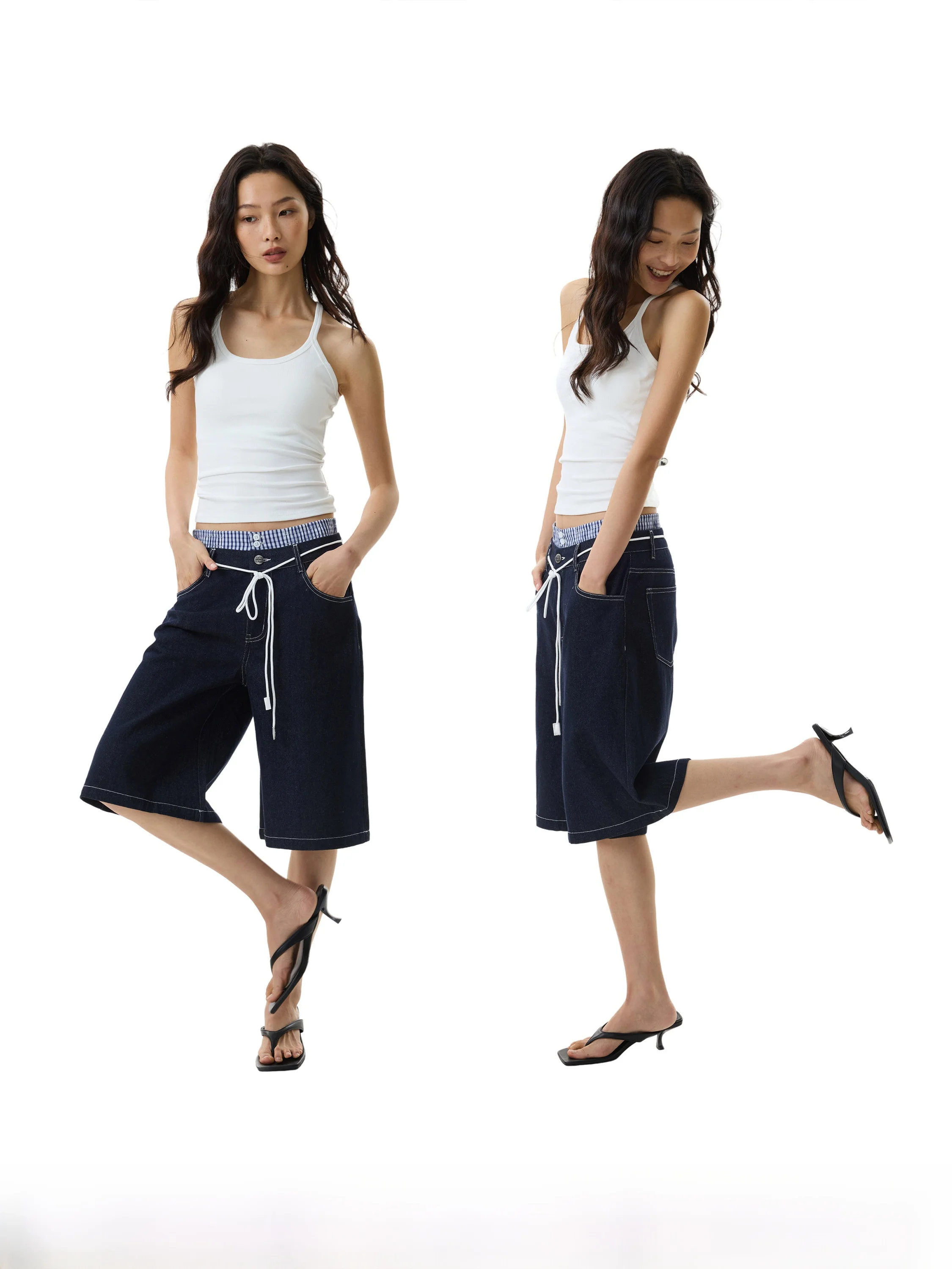 

Low Waist Patchwork Denim Jeans Women's Summer Loose Casual Wide Leg Five-Pointed GO GO BURN Deep Blue Casual Pants