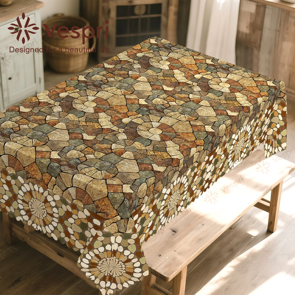 Vespri marble and wood-grain tablecloth, brown and yellow decorations, stones and flowers