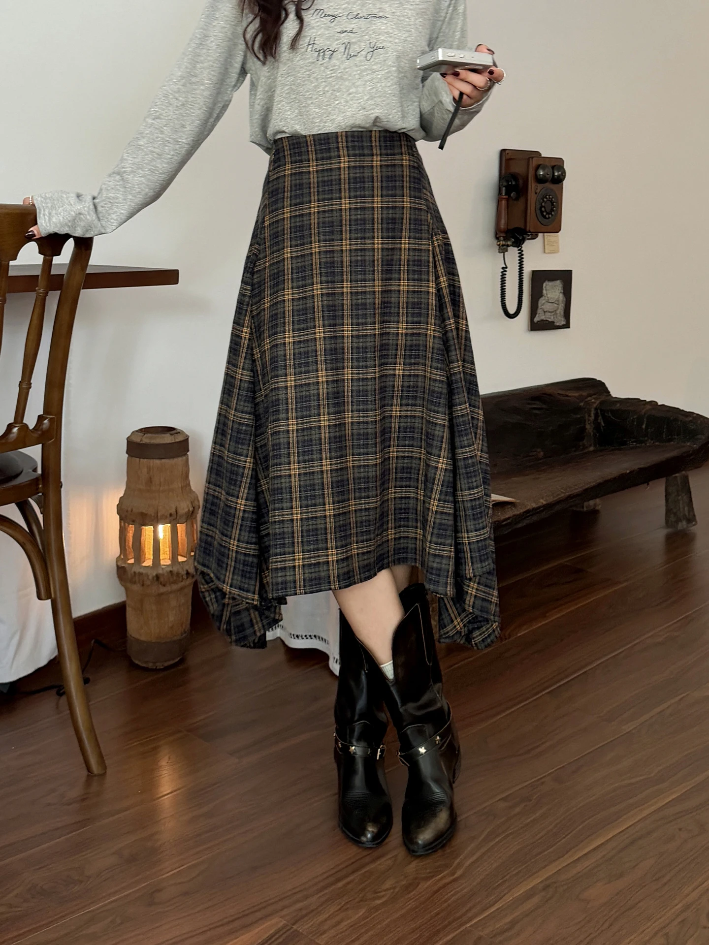 

Юбка с высокой талией в клетку из шерсти, ретро, асимметричная, универсальная, стройнящая, длинная, для повседневной носки, путешествий, свиданий