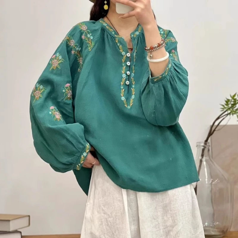 Spring Autumn New Fashion Half Open Collar Long Sleeve Embroidered Blouses Women\'s Clothing Sweet Youth All-match Korean Shirts