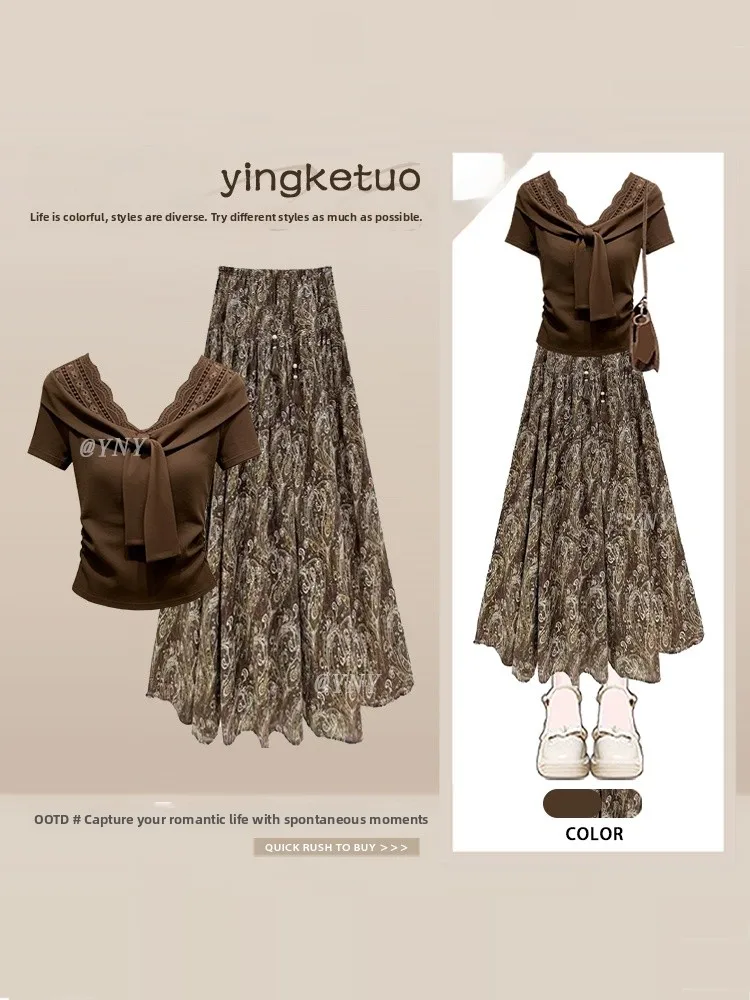 

Retro Patchwork V-neck Slim Short Sleeve Printed High Waist Skirt Two-piece Set Women Summer Matures Style Ensemble