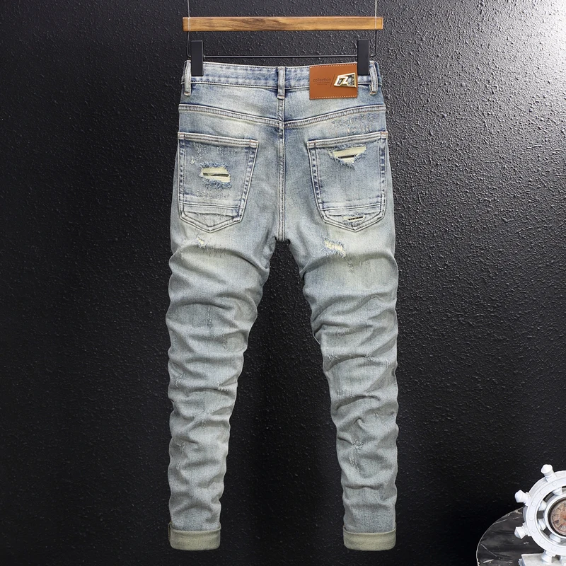 High Street Designer Fashion Men Jeans High Quality Retro Blue Stretch Slim Fit Ripped Jeans Men Embroidery Vintage Denim Pants