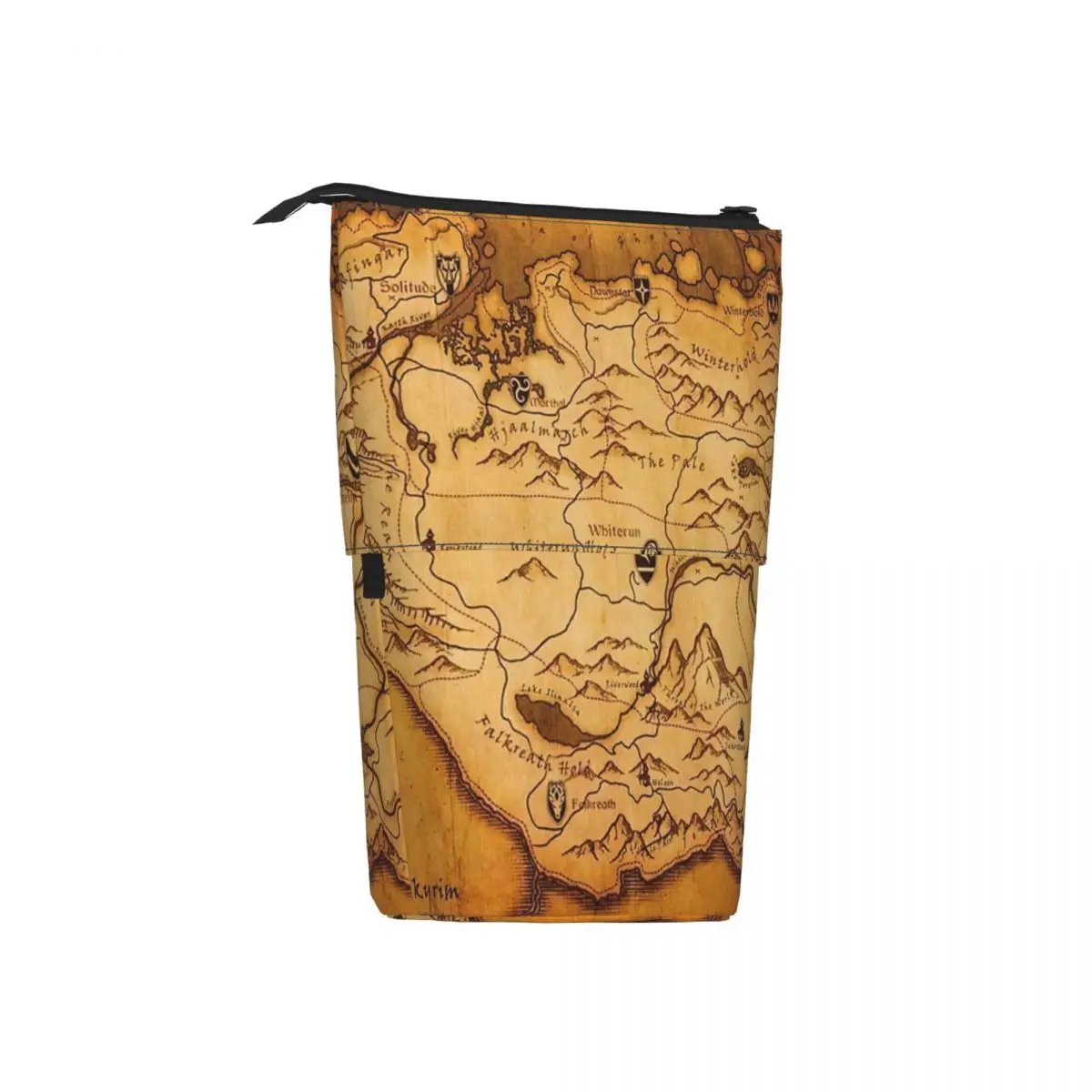 Skyrim Worn Parchment Map Pen Box Student School Zipper Pen Bag Pencase Vertical Retractable Pencil Case