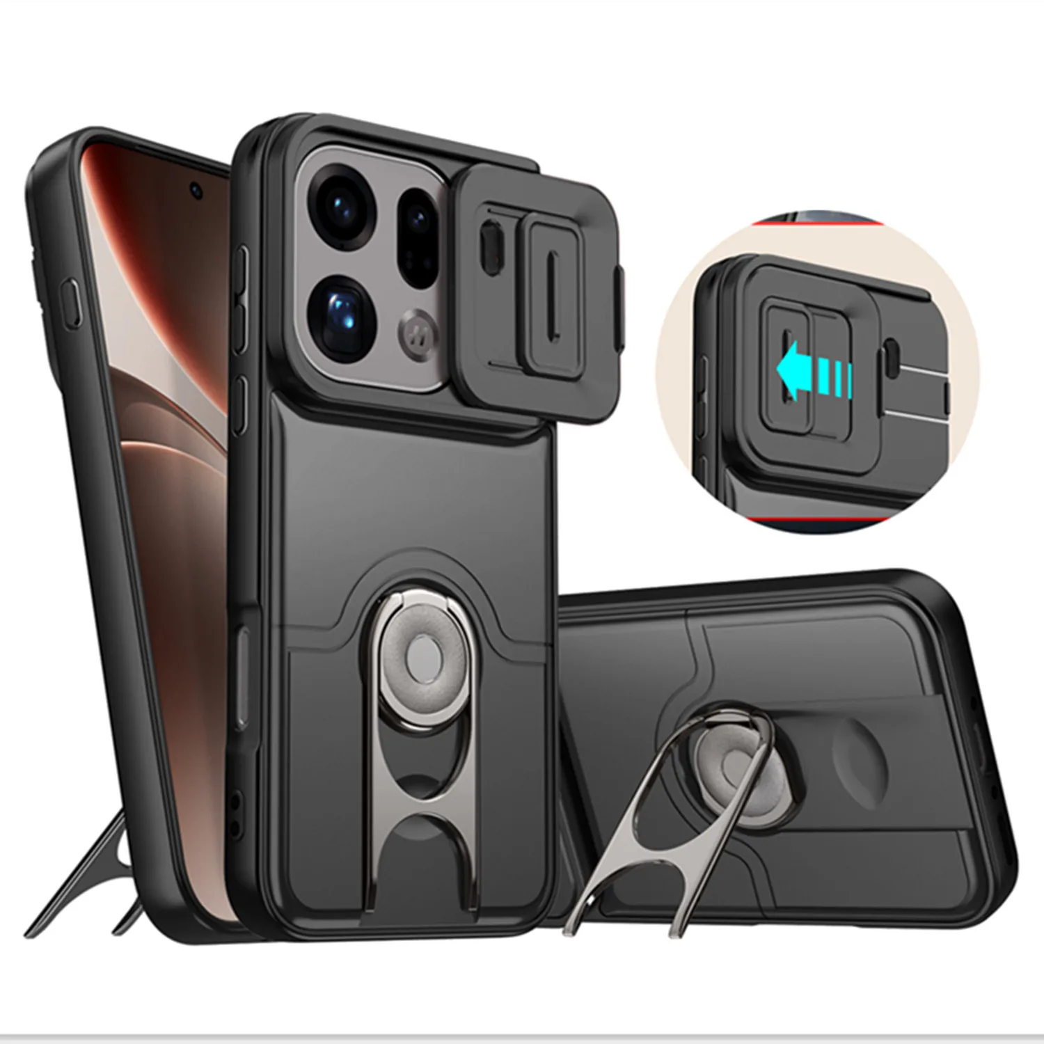 Stoßfester Ständer für OPPO Find X9, Schutzhülle für OPPO Find X9 Pro, Halterung mit Ring, Schiebe-Linsenschutz, TPU+PC Coque