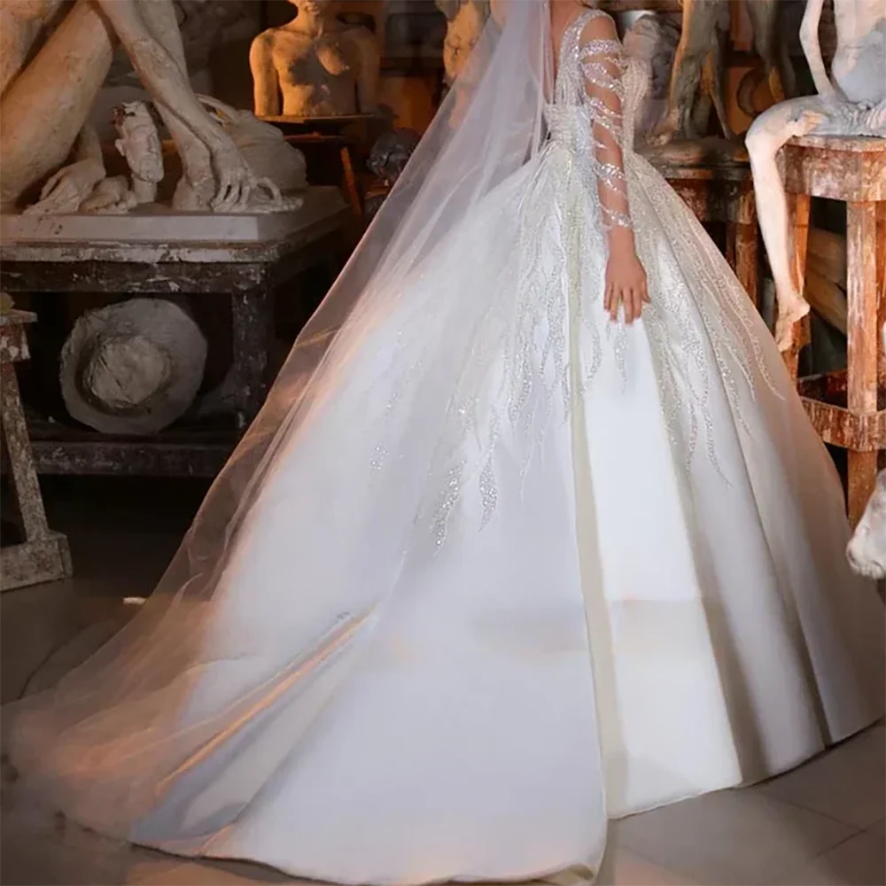 エレガントな恋人レースプリーツフルスリーブ A ライン花嫁のウェディングドレスブライダルドレスカスタマイズ