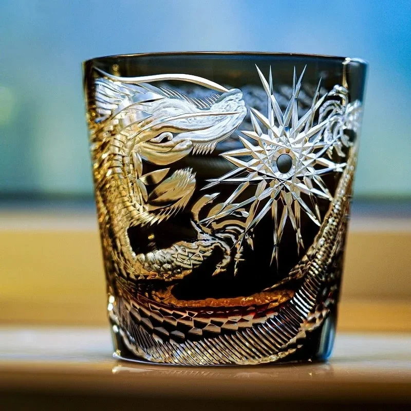 Black Dragon Edo Kiriko Glass Cup Hand Cut Crystal Glasses Chinese Loong Pattern Whisky Cup Top Quality Wineglass Premium Gift