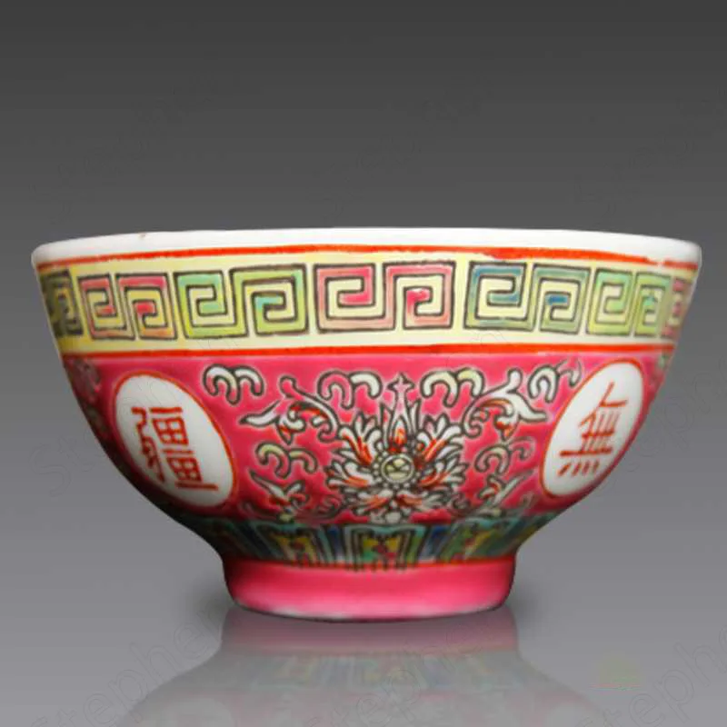 Longevity Boundless Ceramic Bowl Chinese Vintage 70\'s Paint Relief Rice Bowls Jingdezhen Rose Red Collection Porcelain Tableware