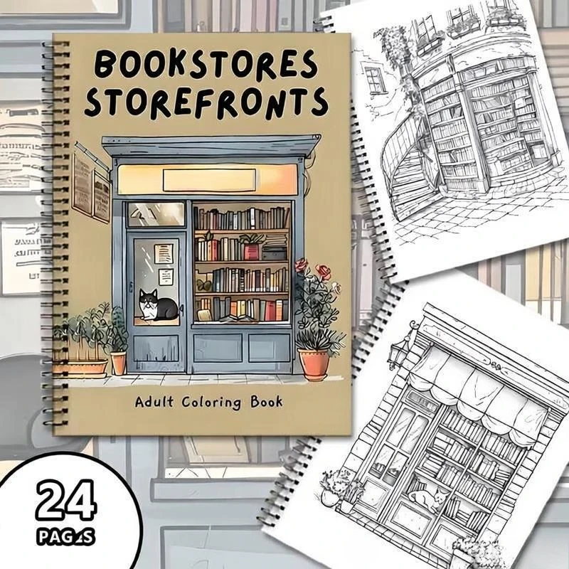 

A4 Spiral Bookstores Storefronts Coloring Book for Adults 24 Pages Beautiful Bookshop Art Stress Relief Relaxation Gift