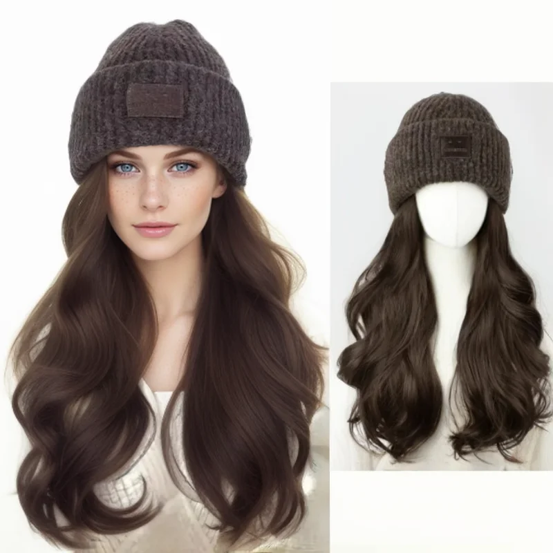 All In One Synthetic Knitted Cap Wig With Traceless Soft Beanie Hair Full Head Machine Made Wig for Women Autumn Winter Wear