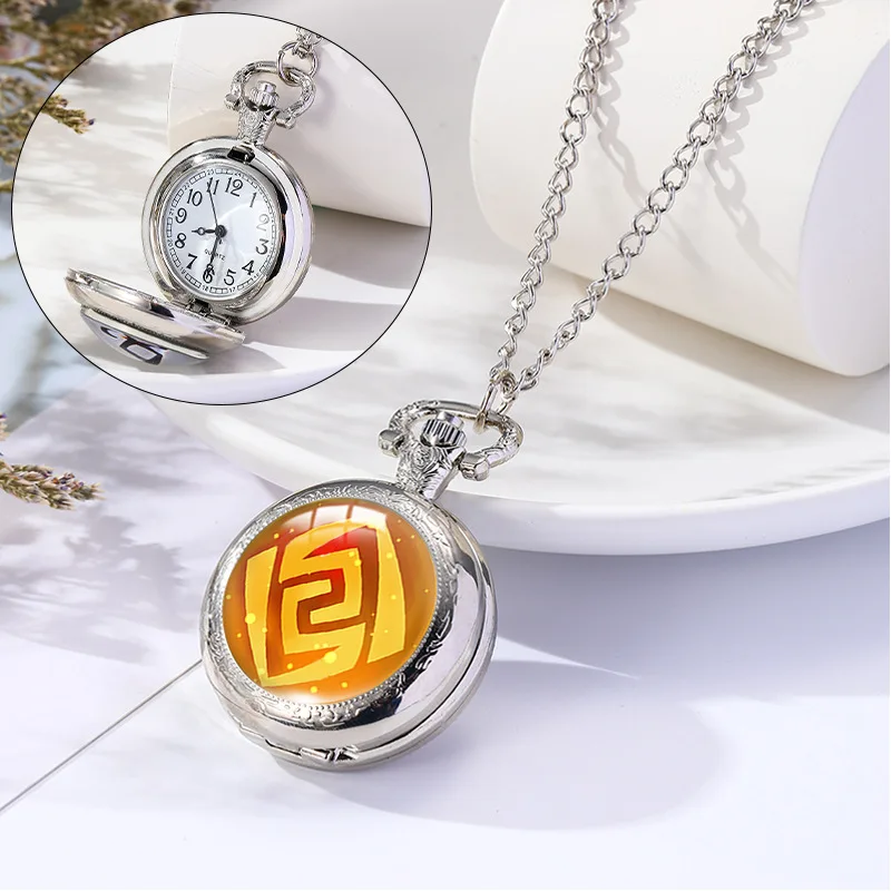 Genshin Impact Flip Cover Pocket Watch Retro Personality Student Cabochon Pendants Necklace Watch Men Women Fashion Pocket Watch