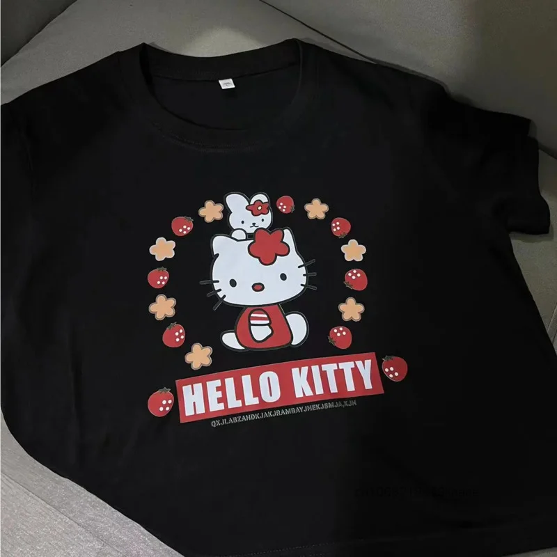 Sanurgente-T-shirt en pur coton imprimé Hello Kitty pour filles, haut court, joli t-shirt Y2k, design de niche, version coréenne, doux, nouvelle chemise, 2024