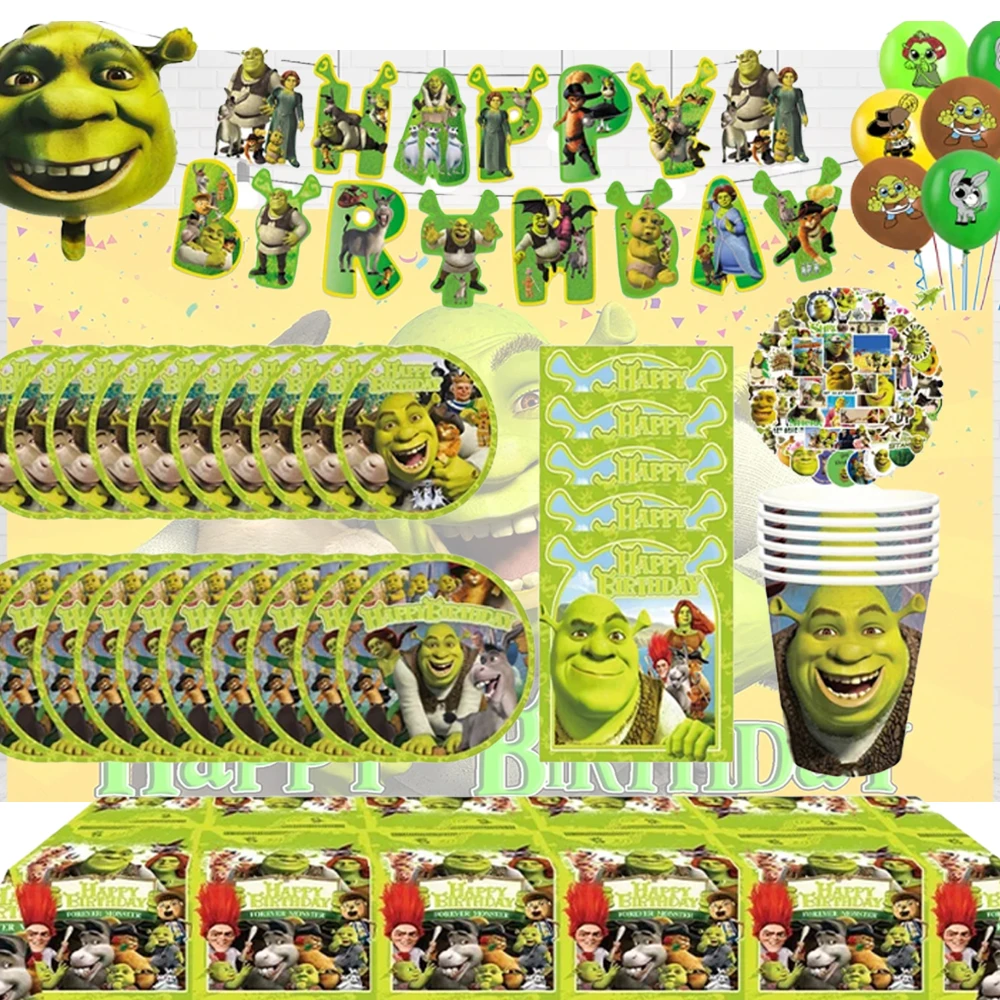 لافتة عيد ميلاد سعيد جديدة من Monster Shrek Prince Donkey Green Princess، لوازم زينة الحفلات، أدوات مائدة للاستعمال مرة واحدة، هدية بالون