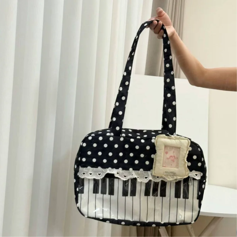 Musical Note Tote Bag Piano Keyboard Print Sweet Lace Trim Bow Decor Shoulder Bag Girls' Retro Polka Dot Large Capacity Handbag
