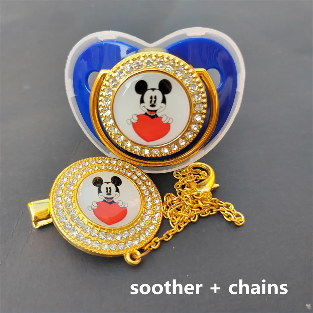 Disney Gold Bling Pacifier and Double Circle Rhinestones Holder Chains Mickey Mouse Print Chupeteors for Babies Boys Girls Gifts