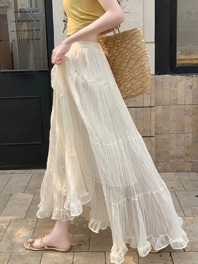 Vrouwen 2025 zomer nieuwe hoge taille effen kleur A-lijn lange patchwork rokken Franse stijl mesh elegante afslankrok