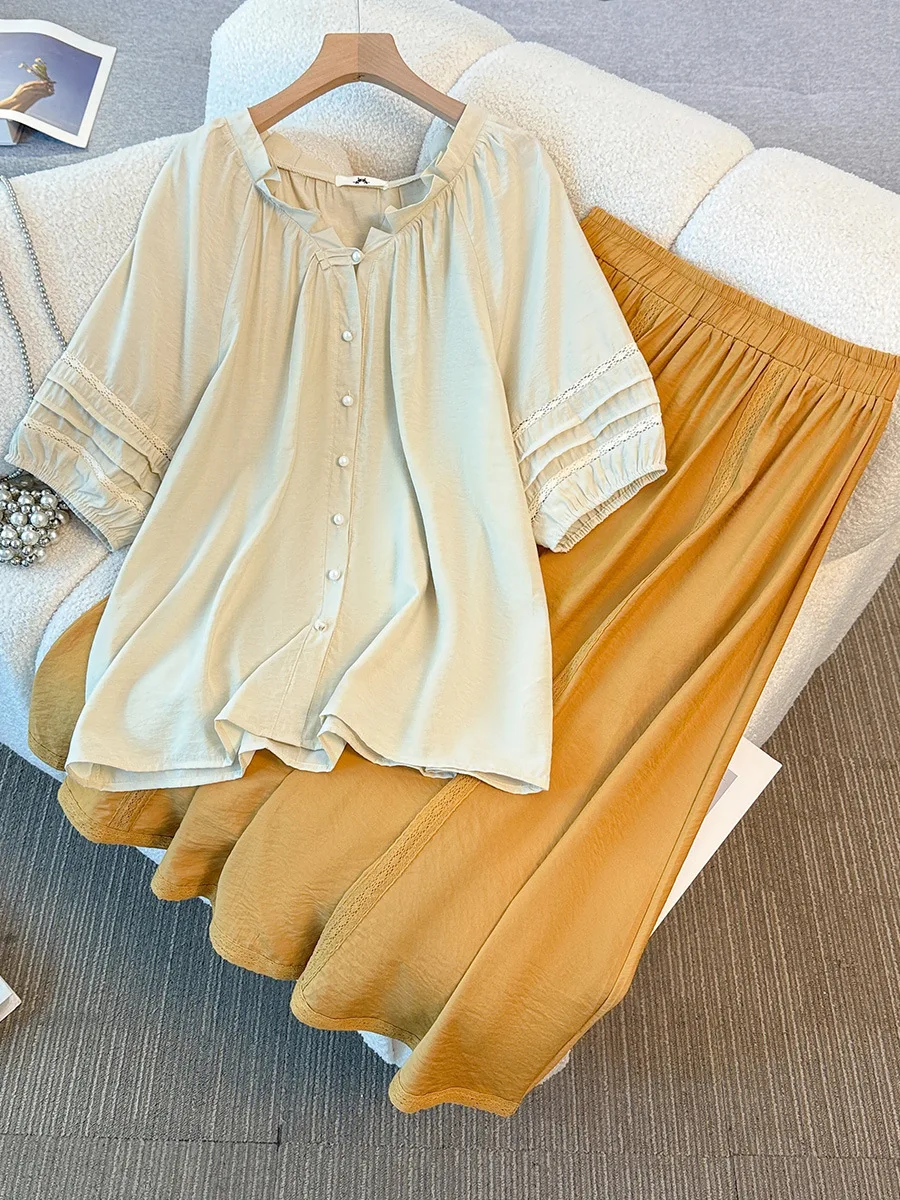 

150Kg Plus Size Women's Bust 162 Summer Short Sleeved Top High Waist Skirt Dopamine Set 5XL 6XL 7XL 8XL 9XL