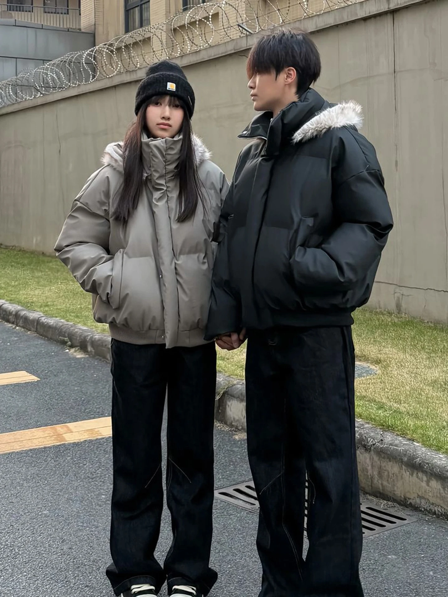 

Warmth Removable Hood American Style Men's Cotton Jacket Couple Matching PU Leather Short Coat Thickened Polyester Fiber