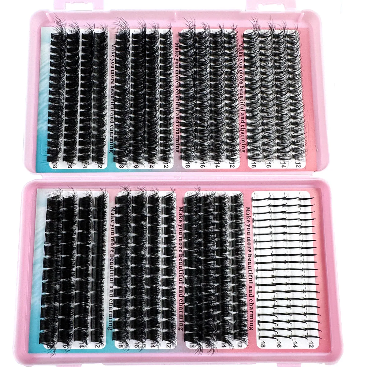 Sztuczne rzęsy w formie kępki, model Spikes/200D, 560 sztuk, grube i puszyste rzęsy, grubość 0,07 mm, długość mieszana 12-18 mm, efekt dramatyczny.