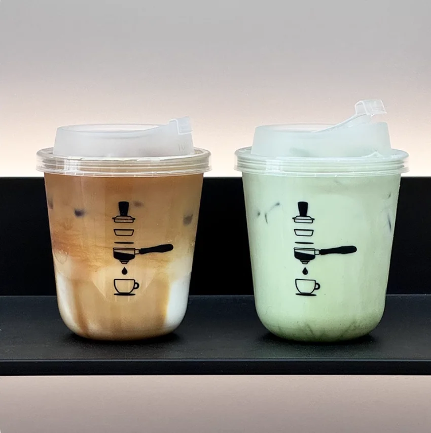 12온스 14온스 16온스 일회용 스무디 PET 눈꽃빙수 컵 투명 플라스틱 U자형 버블 보바 밀크티 컵 뚜껑 포함