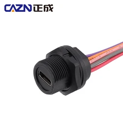 CAZN Waterproof IP67 IP68 Type C Female Rear Mount Receptacle with Wire 0.2Meter Threaded-type Type-C 3.0 5GB