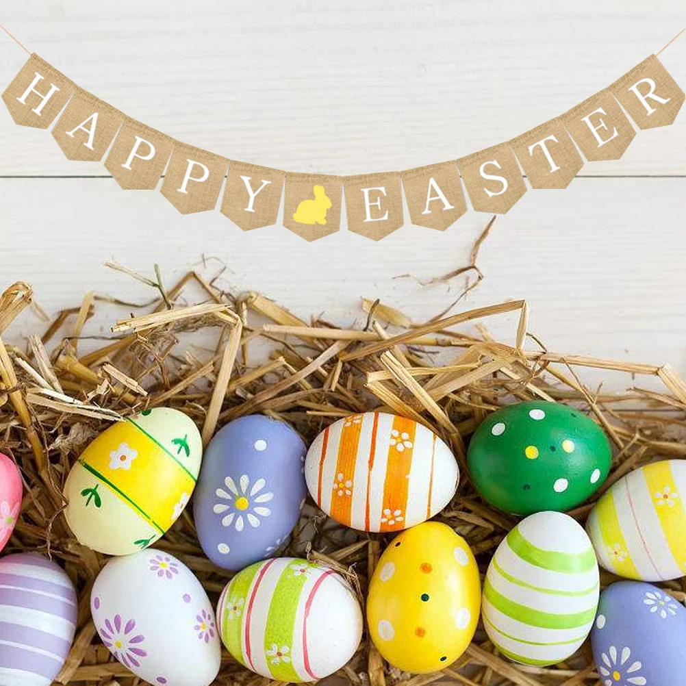 

Rabbit Pull Flag 17X13Cm 2.5M Burlap Happy Easter Banner Pre-Assembled Easter Decorations Party Garland Backdrop Props