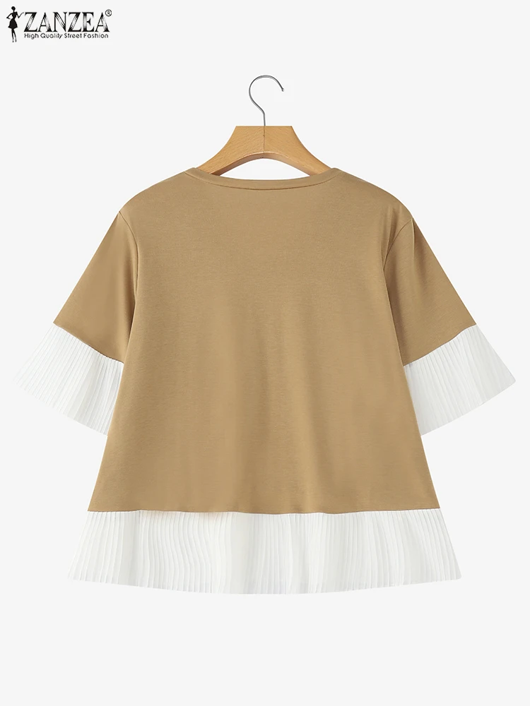 ZANZEA Kleurblokken Geplooide Trim Patchwork Blouses Vrouwen Casual V-hals Korte Mouw T-shirts Streetwear Stijlvolle Blusas Mujer