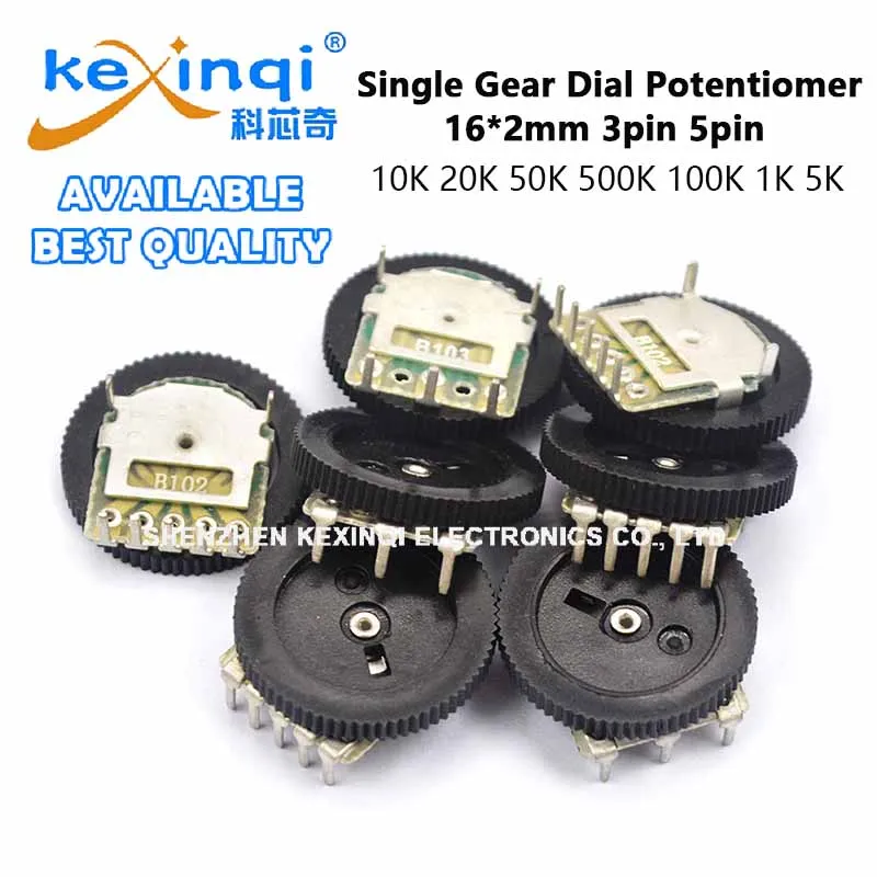 (10pcs) 3pin 5pin Tuning Potentiometer 10K 20K 50K 500K 100K 1K 5K 103 104 102 504 16*2mm Single Gear Dial Potentiomer Volume Sw