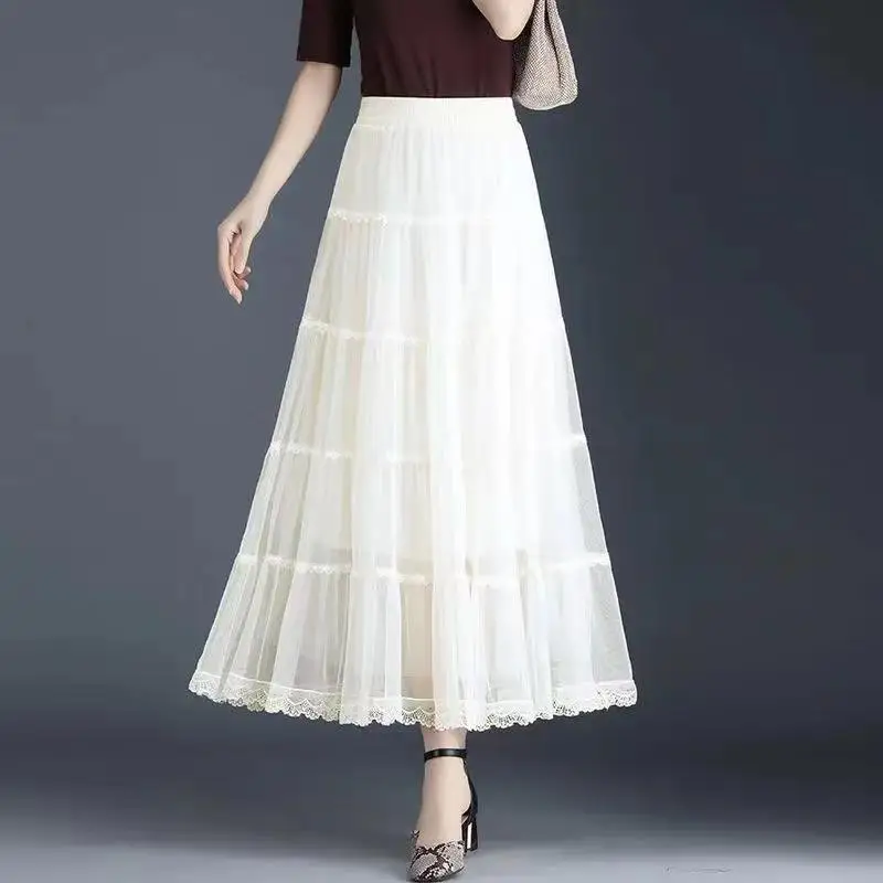 Three-layer Big Swing Gauze Skirt Women\'s Spring and Summer New Solid Long Skirt A-line Pleated Cake Skirt