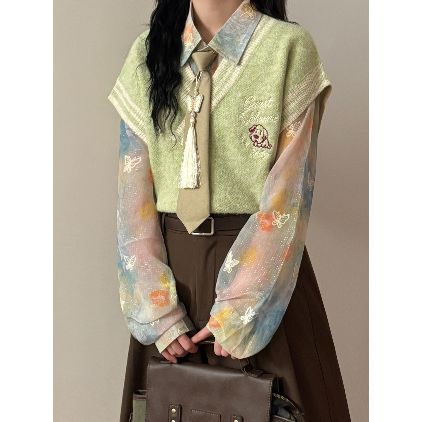 ECOKSOLO Vintage Style Women's Knitted Vest V-Neck Layering Top Long Sleeve College Fashion Retro Sweater Vest Non-Shrinking