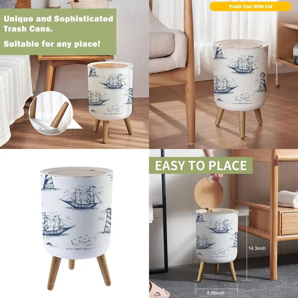 

Винтажная мусорная корзина Nautical Toile Lighthouse с крышкой и деревянными ножками для кухни или ванной комнаты