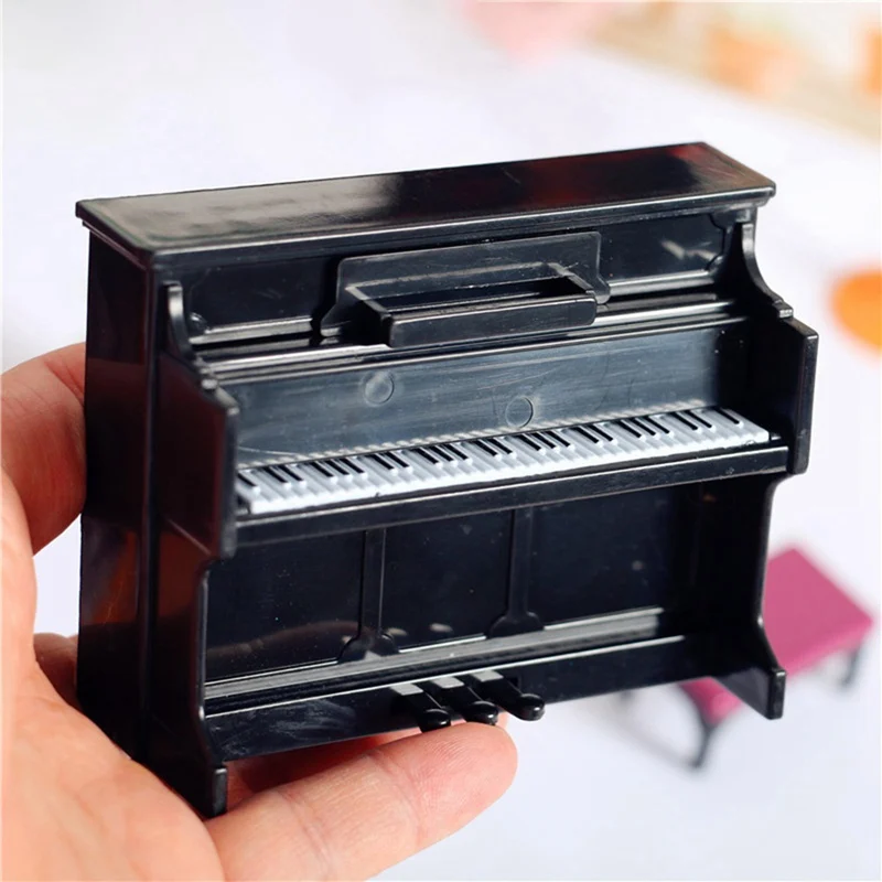 Miniature Piano Set 1/12 Dollhouse Mini Musical Piano with Stool Piano Score Instrument Model for Kids Gift Home Decoration