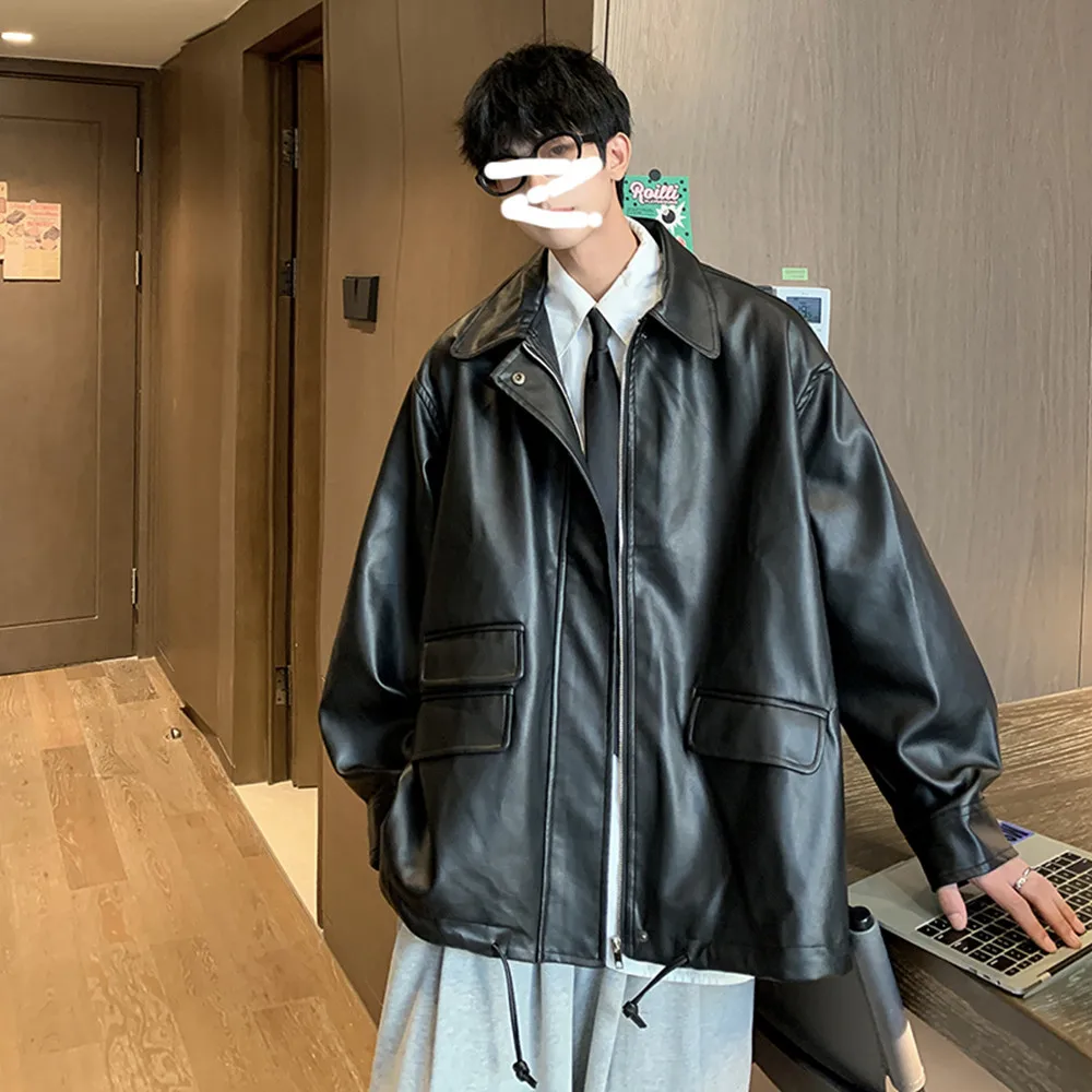 

Vintage Black Pu Leather Jacket Men's Autumn and Spring Loose Motorcycle Coat