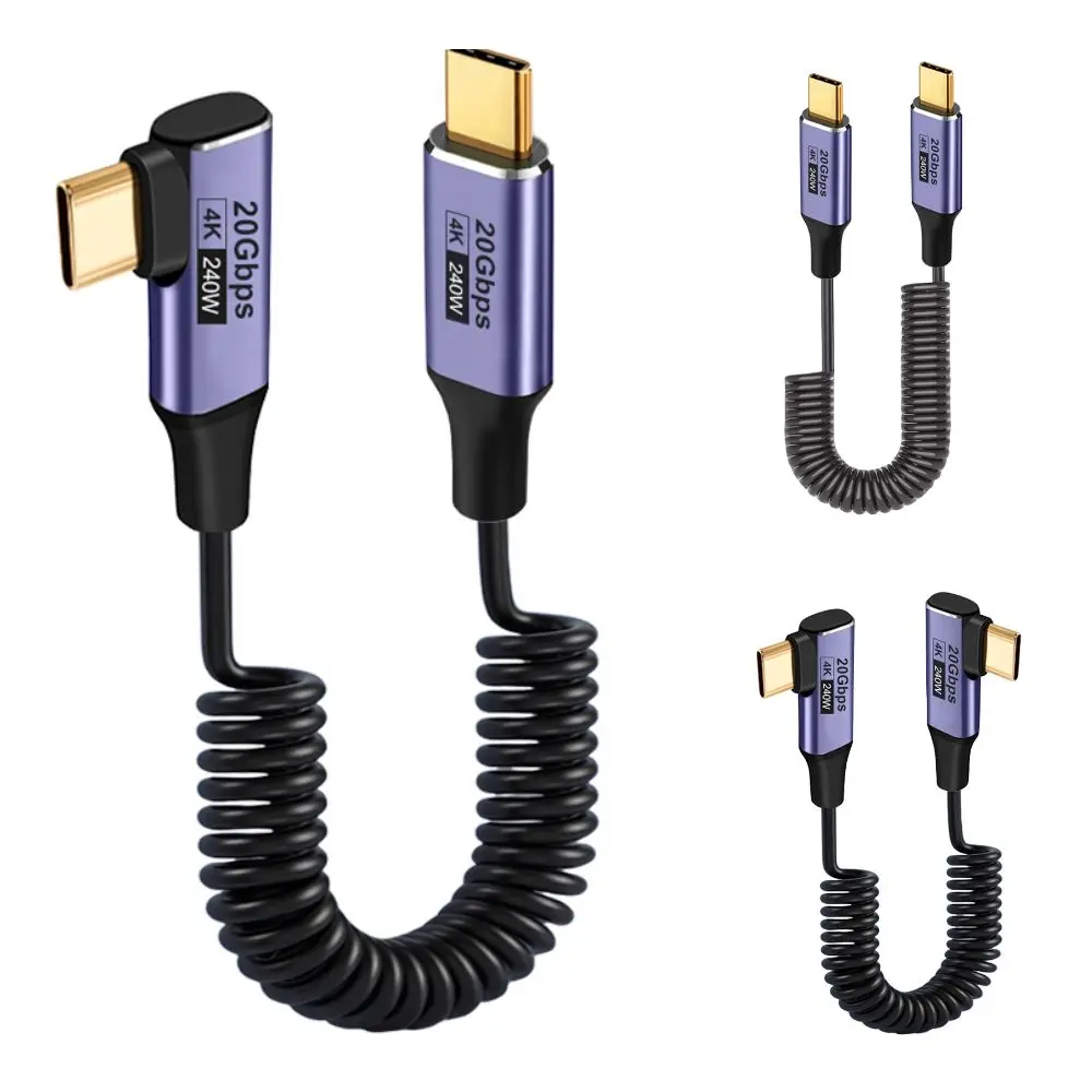 High Quality 240W Coiled USB C Cable 4K@60Hz PD3.1 USB C Charging Cable Coiled 20Gbps Right Angle USB C Cable Laptop Charging
