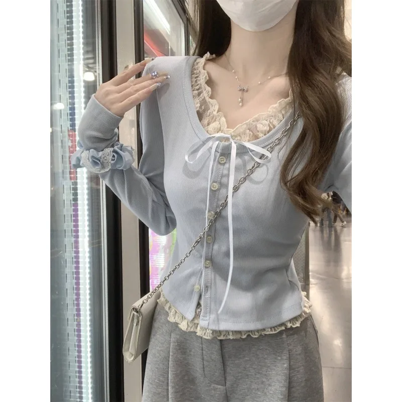 T-shirt deux pièces à manches longues pour femmes, épissure de dentelle, faux haut à simple boutonnage, Style coréen, pur désir, automne