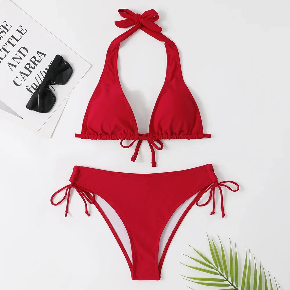 

2025 Sexy Halter Bikini Swimsuit Low Waisted Black/Red/Rose Beach Bathing Suit Cheap Bandage Brazilian Swimwear Two Pieces Sale