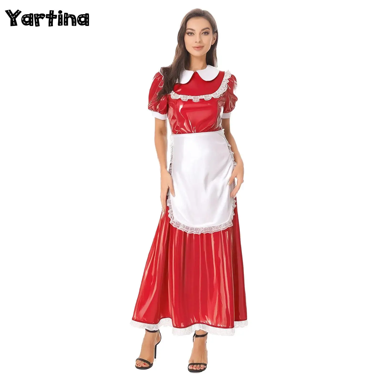 

Womens French Maid Cosplay Leather Latex Dress with Apron Satin Lace Trim Wet Look Maxi Maidservant Dress Halloween Costume