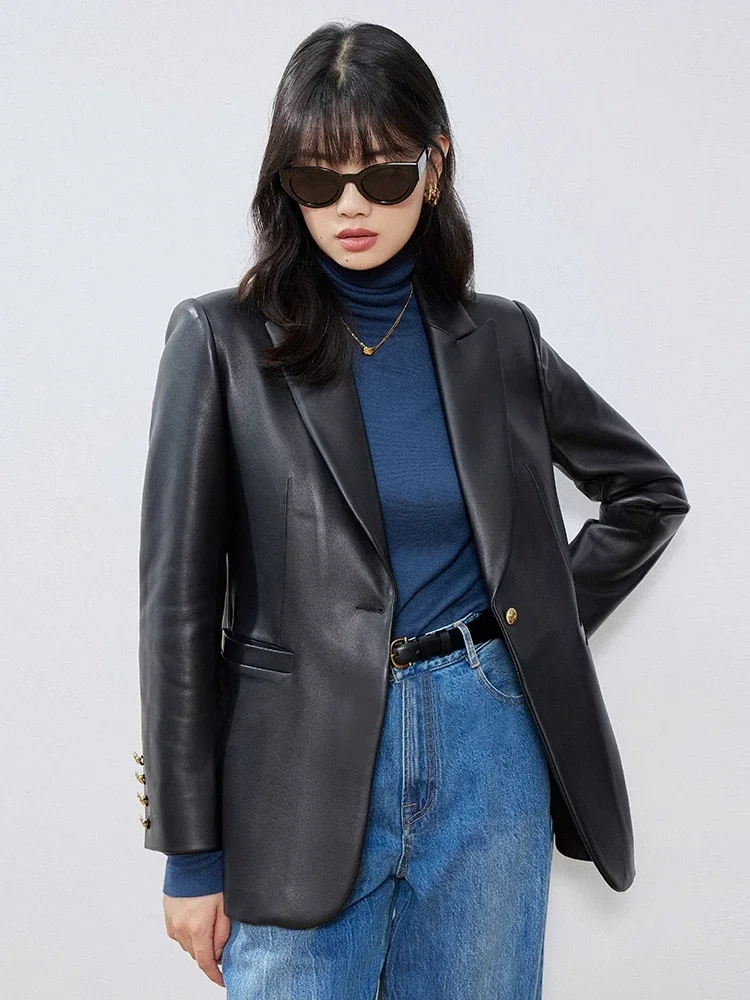 

Classic Genuine Leather Blazer Jackets for Women Spring Autumn 2026 New High-end Solid Simple Casual Soft Real Sheepskin Coat