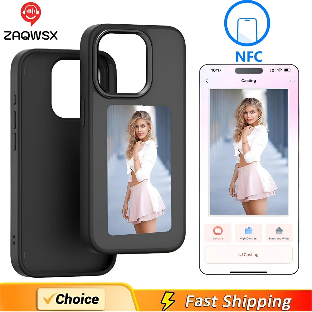 E Ink Cases for 13 14 15 Pro Max Cool NFC Smart Phone Cases with Protectors Back Phone Covers DIY Protective Fundas Battery Free