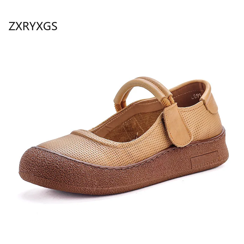 ZXRYXGS 2025 New Autumn Round Toe Elegant Comfortable Mom Flats Thick Sole Elevator Shoes Soft Sole Women Genuine Leather Shoes