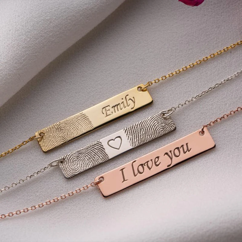 Customized Horizontal Bar Fingerprint Necklace Stainless Steel Carving Actual Fingerprint Womens Jewelry Can Handwriting Pendant